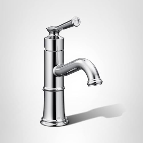 Chrome single-handle bathroom sink faucet with curved spout and decorative knob on cylindrical body.