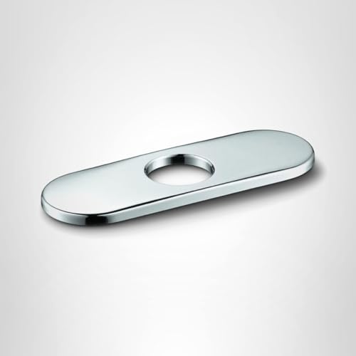 Chrome base plate with rounded rectangular shape and single center hole for faucet installation.