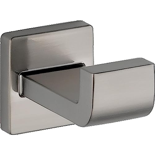 Brushed nickel robe hook with curved cylindrical design mounted on square wall plate.