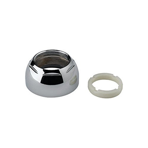 Chrome cap assembly with internal threads and separate white adjusting ring for single-handle kitchen faucet.