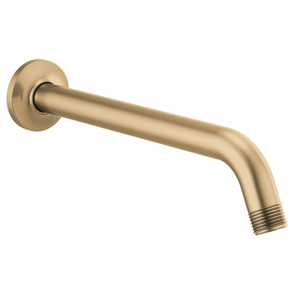 Champagne bronze curved shower arm with circular wall flange and threaded outlet connection.