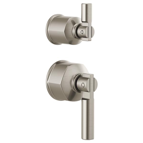 Brushed nickel pressure balance valve with lever handle and diverter trim for shower installation.