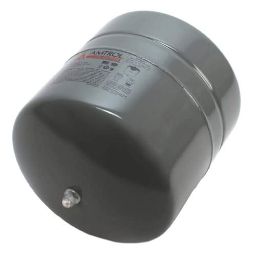 Gray cylindrical boiler expansion tank with label band and drain valve at bottom.