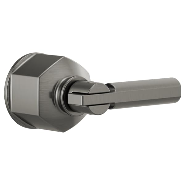 Brushed nickel thermostatic valve trim with geometric hexagonal escutcheon and single lever handle.
