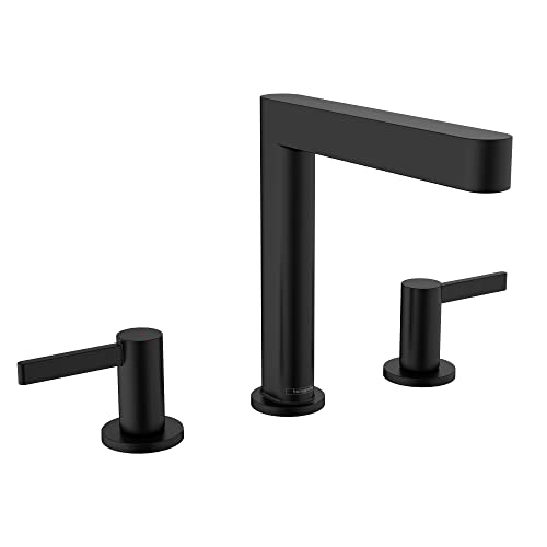 Matte black three-piece widespread bathroom faucet with tall curved spout and lever handles on circular bases.
