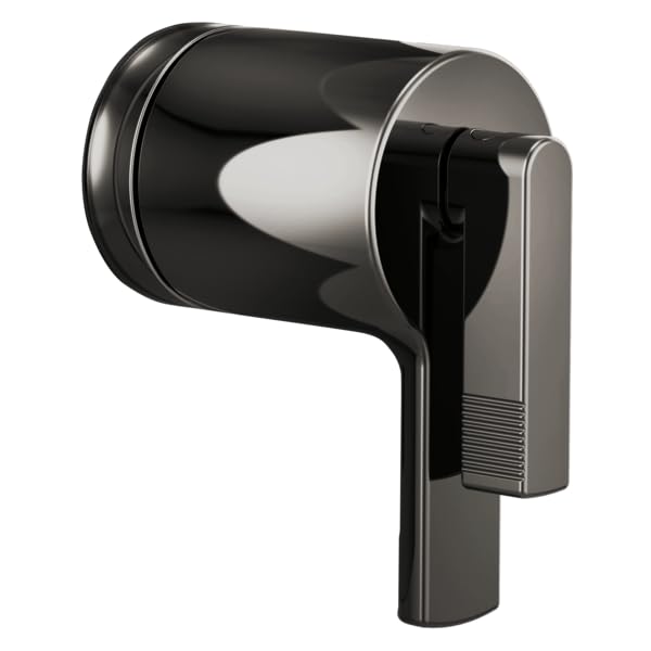Black and chrome lever handle valve trim with cylindrical body and angular handle design.