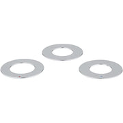 Three chrome-plated circular sealing washers with central holes, two marked with colored dots.