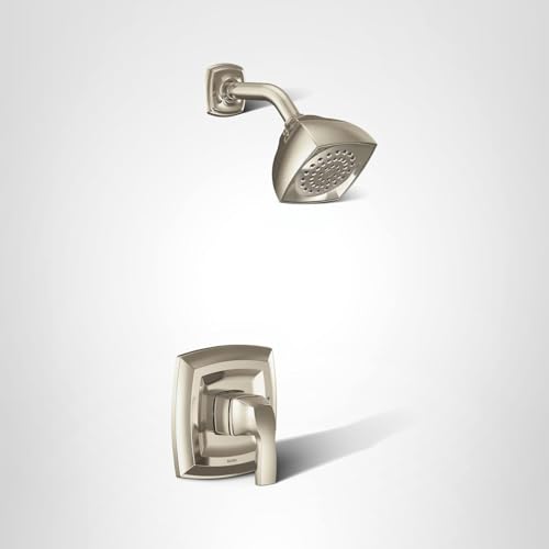 Polished nickel shower trim kit with single handle control valve and square showerhead.