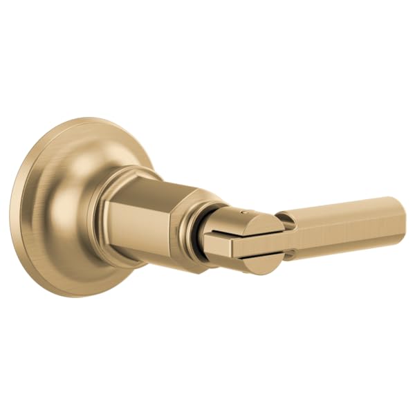 Brushed gold volume control trim with round backplate and lever handle for shower valve installation.