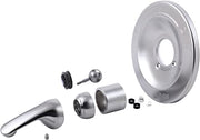 Stainless steel tub and shower renovation kit components including handle, valve body, trim ring, and mounting hardware.