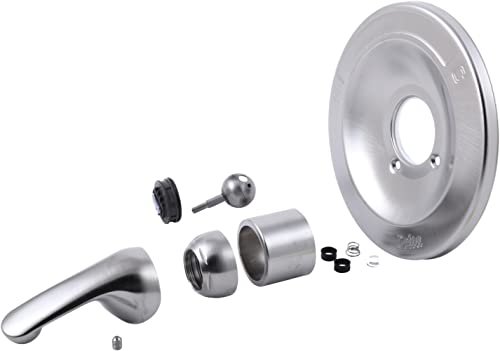 Stainless steel tub and shower renovation kit components including handle, valve body, trim ring, and mounting hardware.