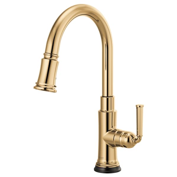 Champagne bronze pull-down kitchen faucet with curved spout and single lever handle.