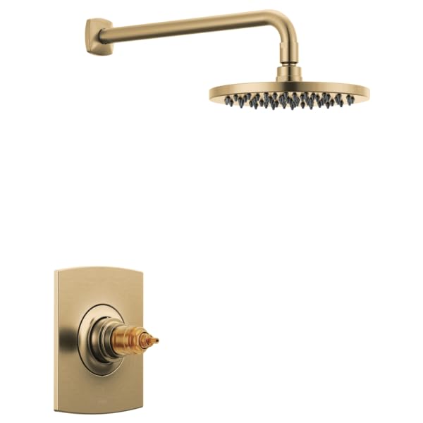 Champagne bronze shower trim with round overhead showerhead and wall-mounted valve body without handles.
