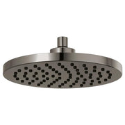 Black Onyx round raincan showerhead with multiple spray jets and cylindrical arm mount.
