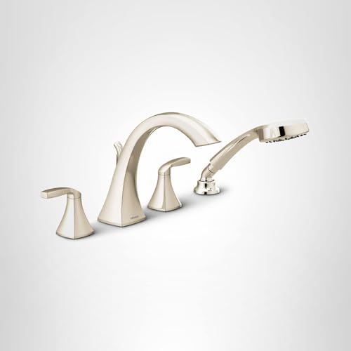 Polished nickel two-handle deck mount Roman tub faucet with curved spout and detachable handshower.