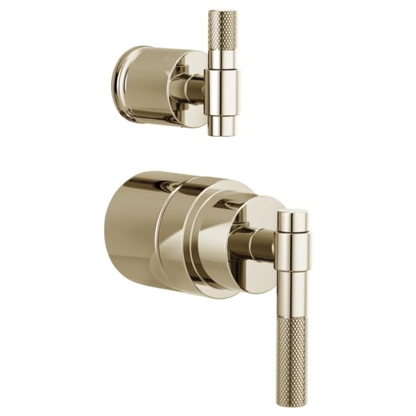 Polished nickel pressure balance valve with T-lever handle and integrated diverter trim shown in two installation views.