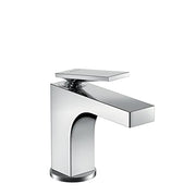 Chrome single-hole bathroom faucet with angular spout, rectangular handle, and pop-up drain assembly.