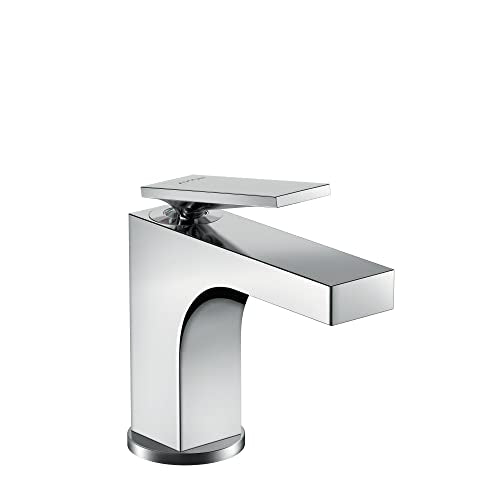 Chrome single-hole bathroom faucet with angular spout, rectangular handle, and pop-up drain assembly.