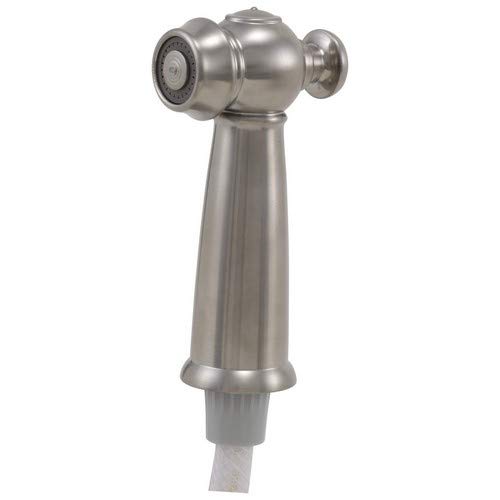 Stainless steel side spray and hose assembly with spherical spray head and tapered handle for kitchen or bathroom faucet.