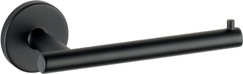 Black matte tissue holder with cylindrical bar and round wall-mounted base.