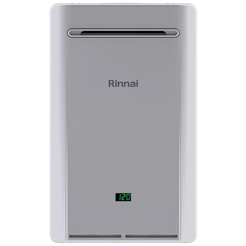 Silver Rinnai tankless water heater unit with digital display and ventilation grilles on front face.