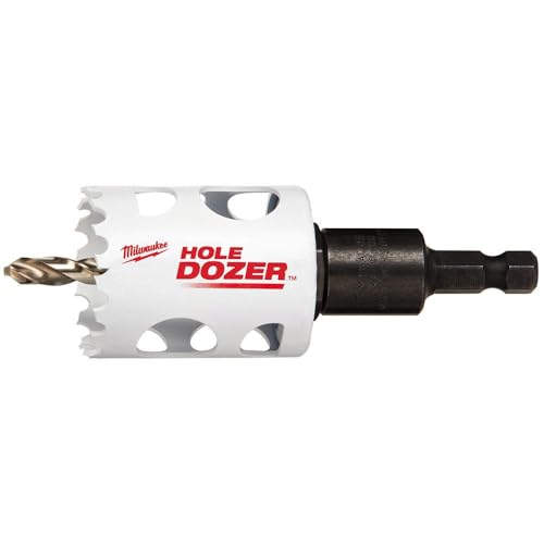 Milwaukee HOLE DOZER bi-metal hole saw with white cylindrical body, black arbor, and small drill bit attached.