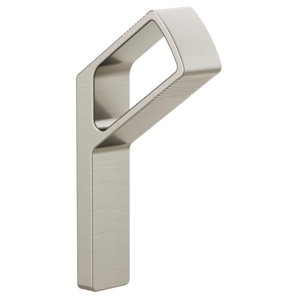 Brushed nickel robe hook with modern curved design and textured grip detail on the upper arm.