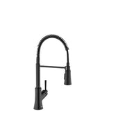 Matte black semi-pro kitchen faucet with coiled spray hose and single lever handle.