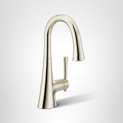 Polished nickel pulldown kitchen faucet with curved spout and single handle control.