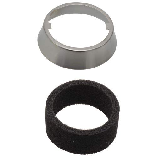 Stainless steel escutcheon ring and black foam gasket for pull-out faucet spray head.