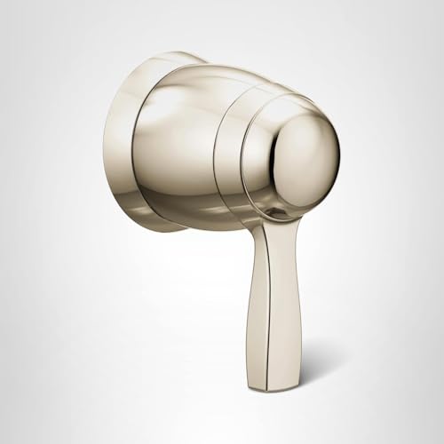 Polished nickel shower valve trim kit with round knob handle and cylindrical body.