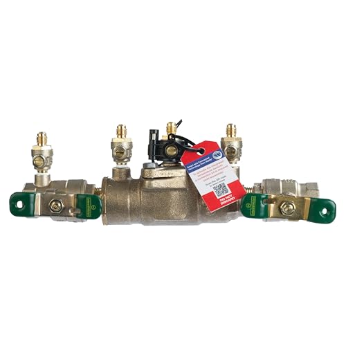 Bronze double check backflow preventer with 3/4 inch connections, green quarter-turn ball valves on each side, and test ports