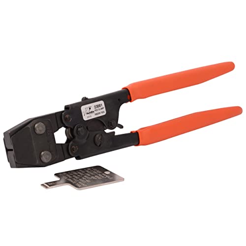 Sharkbite PEX clamp tool with black metal head, orange handles, and metal gauge insert displayed separately.