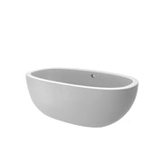 Pearl-colored freestanding bathtub with oval shape and curved sides, shown from angled view.