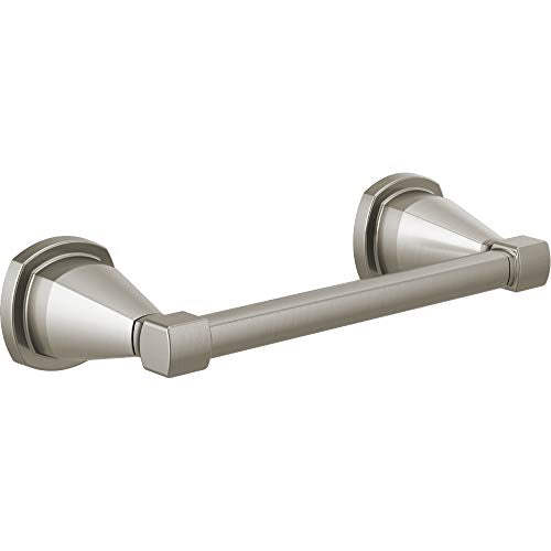 Brushed nickel tissue holder with conical end caps and horizontal bar for wall mounting.