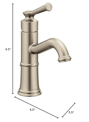 Brushed nickel single-handle bathroom sink faucet with curved spout and cylindrical body, 9.5 inches tall.