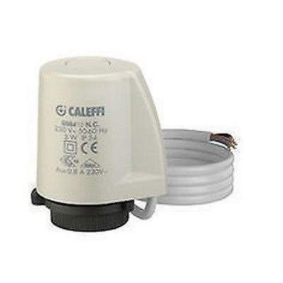 Caleffi white cylindrical thermo-electric actuator with black base and attached gray power cable.