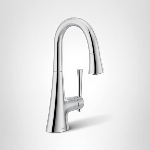 Chrome pulldown bar faucet with curved spout and single handle on white background.