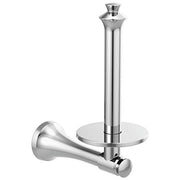 Polished chrome vertical tissue holder with round base and decorative finial top, shown with matching wall-mounted roll holde
