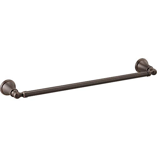 Bronze towel bar with circular wall-mounted end caps and a horizontal cylindrical rod, approximately 18 inches in length.