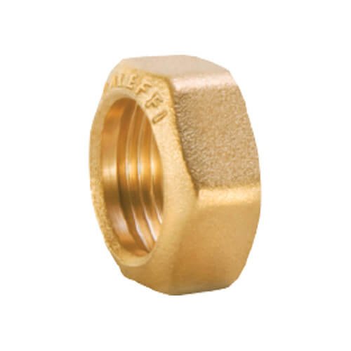 Brass union nut with internal threads, 1 inch size, hexagonal shape with textured grip surface.