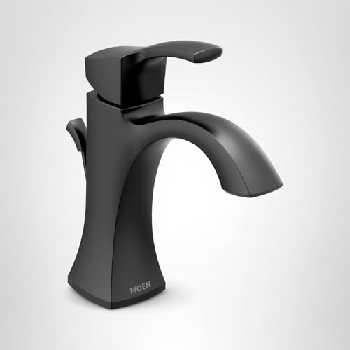 Matte black single-handle bathroom sink faucet with curved spout and square base.