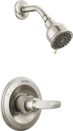 Brushed nickel shower trim with round showerhead and single-lever handle control valve.