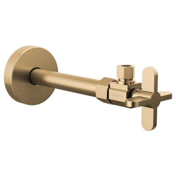 Brizo Odin angled supply stop valve with brass finish and cross handle in profile view.