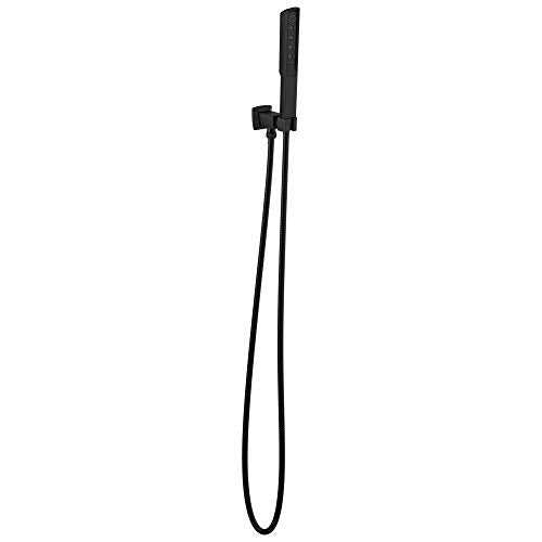 Black wall-mount handshower with curved handle and flexible hose attached to bracket.