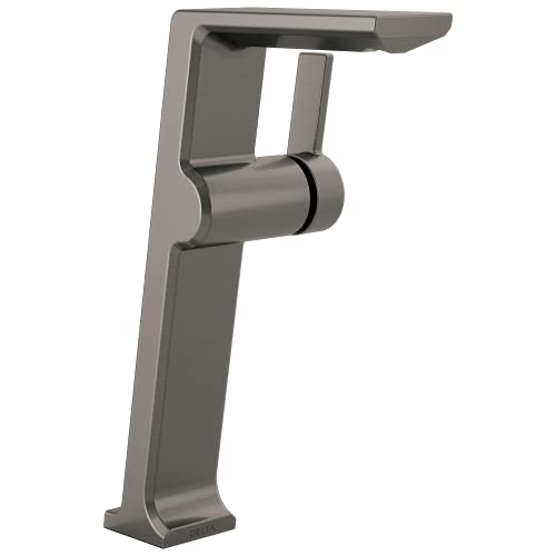 Gunmetal single-handle bathroom faucet with tall spout and cylindrical handle lever.