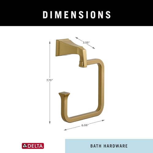 Brushed gold towel ring with angular design, 7.75 inches tall and 6.06 inches wide.