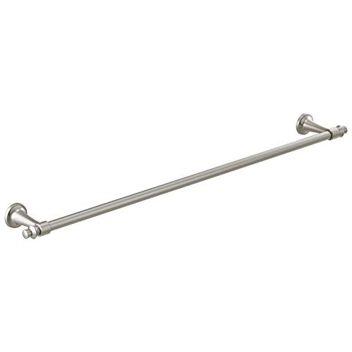 Brushed nickel towel bar with circular wall-mounted brackets on each end, approximately 30 inches long.