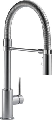 Chrome single-handle kitchen faucet with tall spout, pull-down spray head, and lever control.