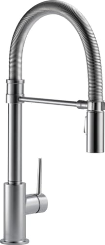 Chrome single-handle kitchen faucet with tall spout, pull-down spray head, and lever control.